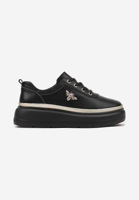 Czarne Sneakersy ze Skóry Naturalnej na Platformie Ozdobione Metaliczną Aplikacją Nerinae 4