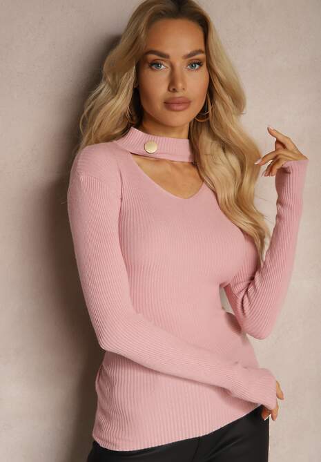 Jasnoróżowy Sweter Golf z Ozdobnym Wycięciem Przy Dekolcie Erticia 4