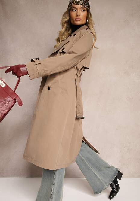 Ciemnobeżowy Dwurzędowy Płaszcz Trencz z Paskiem w Talii Mailaine 4