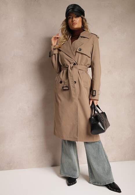 Ciemnobeżowy Dwurzędowy Płaszcz Trencz z Paskiem w Talii Mailaine 5
