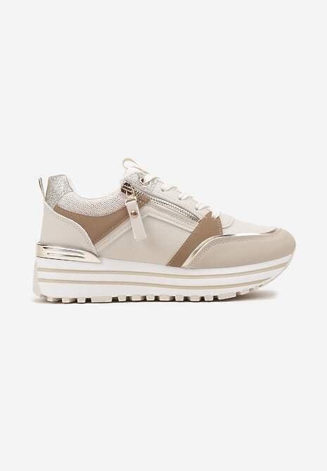 Beżowe Sneakersy na Platformie z Brokatowymi Detalami i Ozdobnym Suwakiem Mailera 4