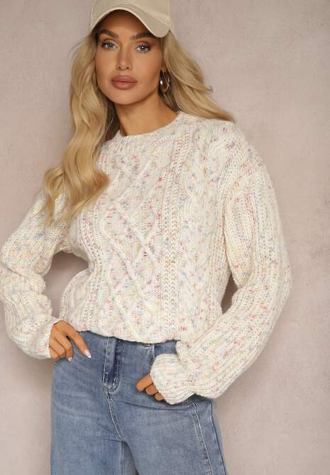 Beżowy Casualowy Sweter z Wełną z Kolorowymi Przeszyciami Dezira
