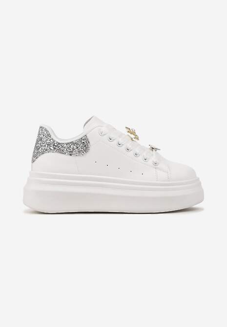 Biało-Srebrne Sneakersy na Platformie z Ozdobami na Sznurówkach i Brokatem Sezirra 4