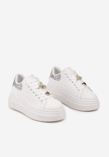 Biało-Srebrne Sneakersy na Platformie z Ozdobami na Sznurówkach i Brokatem Sezirra 5