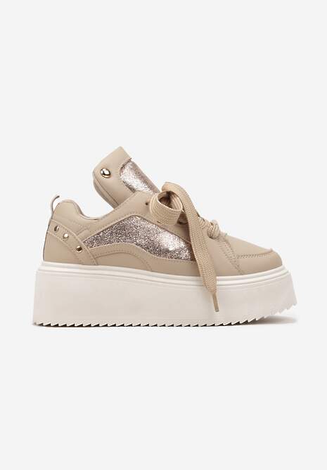 Ciemnobeżowe Sneakersy na Platformie Ozdobione Nitami i Metalicznymi Elementami Azista 4
