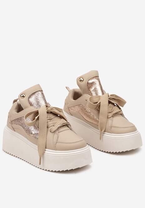 Ciemnobeżowe Sneakersy na Platformie Ozdobione Nitami i Metalicznymi Elementami Azista 5