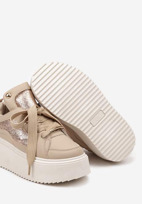 Ciemnobeżowe Sneakersy na Platformie Ozdobione Nitami i Metalicznymi Elementami Azista 6