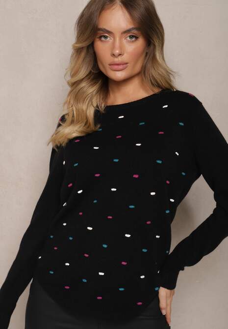 Czarny Elegancki Sweter z Delikatnymi Haftowanymi Zdobieniami z Przodu Reriala 4