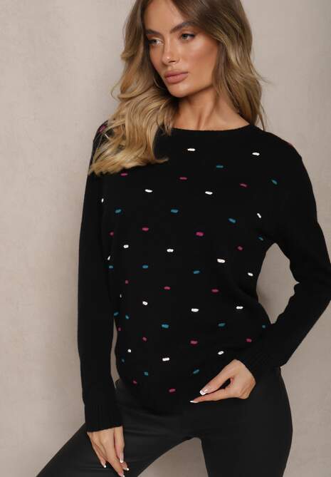Czarny Elegancki Sweter z Delikatnymi Haftowanymi Zdobieniami z Przodu Reriala