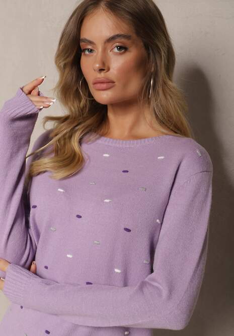 Fioletowy Elegancki Sweter z Delikatnymi Haftowanymi Zdobieniami z Przodu Reriala 5