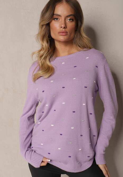Fioletowy Elegancki Sweter z Delikatnymi Haftowanymi Zdobieniami z Przodu Reriala
