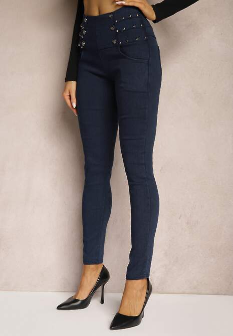 Granatowe Spodnie Skinny High Waist z Gumką w Talii Nitami i Ozdobnymi Guzikami Ciandora 4