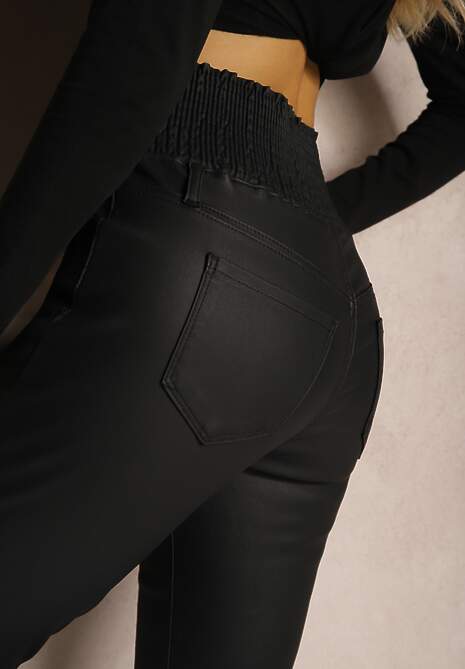 Czarne Spodnie z Ekoskóry High Waist Zapinane na Guziki Rialenae 5