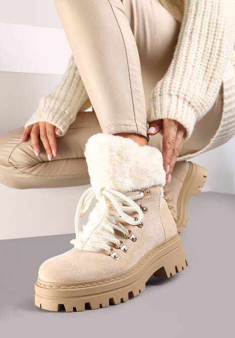 Beżowe Traperki z Futerkiem na Grubej Podeszwie Tairene