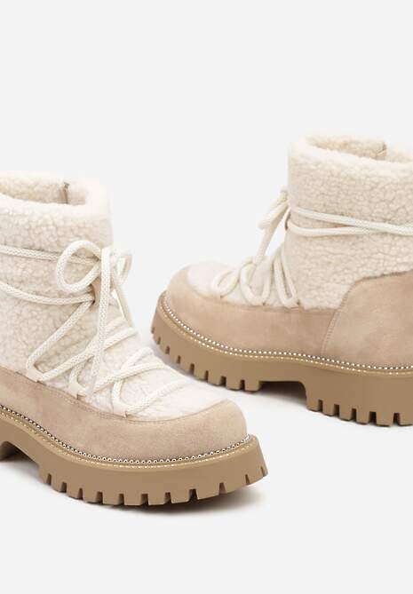 Beżowe Futerkowe Śniegowce na Tłoczonej Podeszwie Ozdobionej Cyrkoniami Rialuna 6