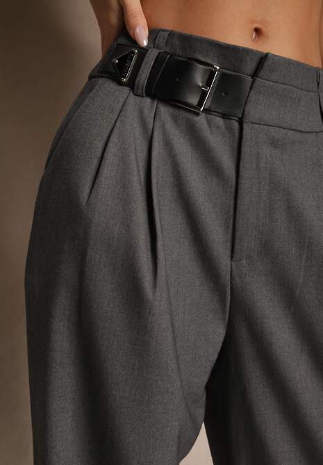 Szare Szerokie Spodnie Garniturowe z Wiskozą High Waist Ozdobione Paskiem Elowanda 5