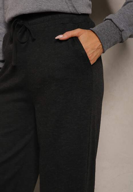 Czarne Spodnie Dzianinowe o Szerokim Kroju High Waist z Gumką w Pasie i Sznurkiem Creitta 5