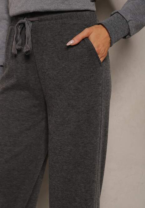 Ciemnoszare Spodnie Dzianinowe o Szerokim Kroju High Waist z Gumką w Pasie i Sznurkiem Creitta 5