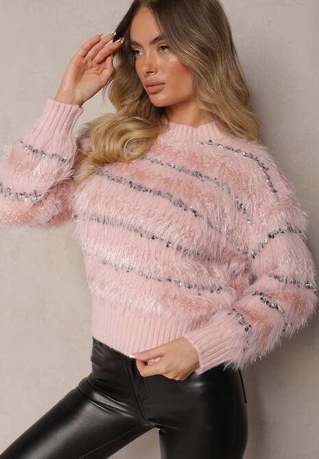 Różowy Sweter z Wiskozą o Fakturze Imitacji Piór w Paski Nerisara 4