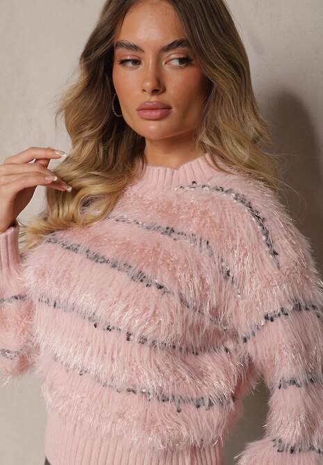 Różowy Sweter z Wiskozą o Fakturze Imitacji Piór w Paski Nerisara 5