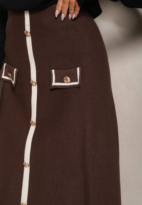 Brązowa Spódnica High Waist z Guzikami Imitacją Kieszeni i Gumką w Pasie Melorana 5