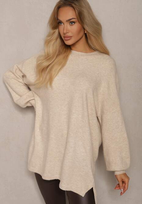 jasnobeżowy Luźny Sweter z Modalem i Wiskozą o Asymetrycznym Kroju Nadonna 4
