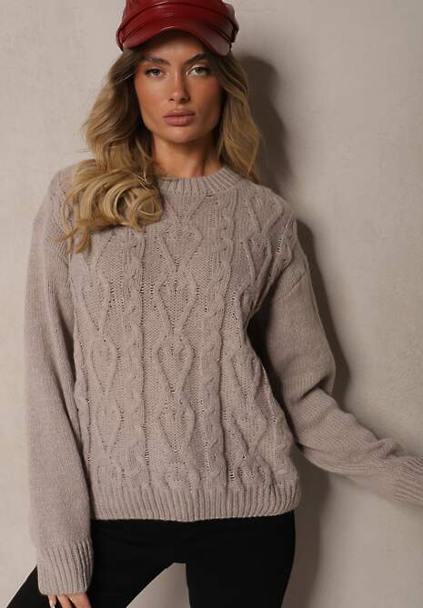 Szary Sweter z Wełną Ozdobnym Splotem i Ściągaczem Nariae 4