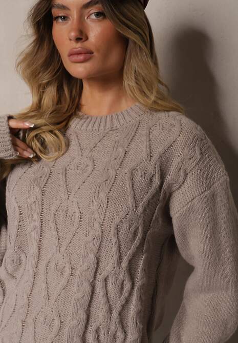Szary Sweter z Wełną Ozdobnym Splotem i Ściągaczem Nariae 5