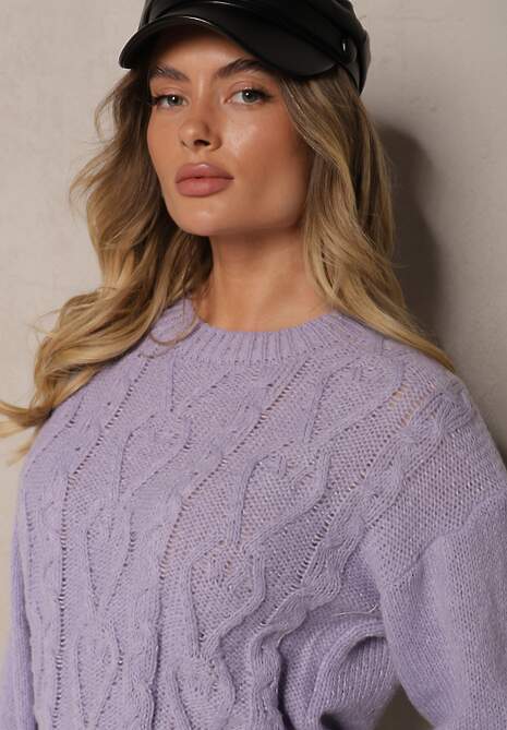 Ciemnofioletowy Sweter z Wełną Ozdobnym Splotem i Ściągaczem Nariae 5