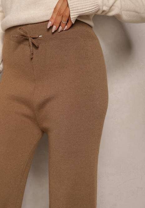 Jasnobrązowe Spodnie o Szerokim Kroju High Waist z Cyrkoniami i Gumką w Pasie Loreitha 5