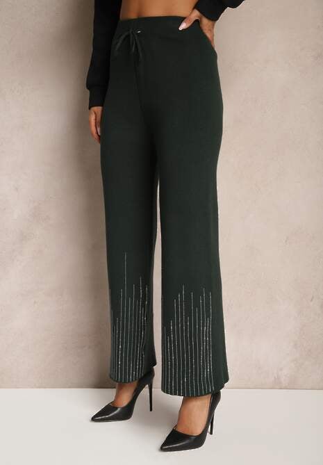Ciemnozielone Spodnie o Szerokim Kroju High Waist z Cyrkoniami i Gumką w Pasie Loreitha 4
