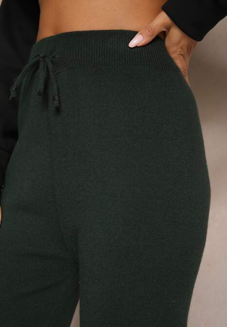 Ciemnozielone Spodnie o Szerokim Kroju High Waist z Cyrkoniami i Gumką w Pasie Loreitha 5