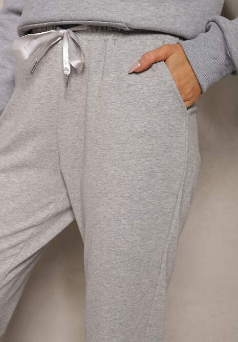 Szare Casualowe Spodnie z Bawełny High Waist z Gumką w Pasie Beliefra 5