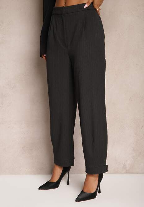 Ciemnoszare Garniturowe Spodnie o Szerokich Nogawkach Lekko Prążkowane High Waist Belbanne 4
