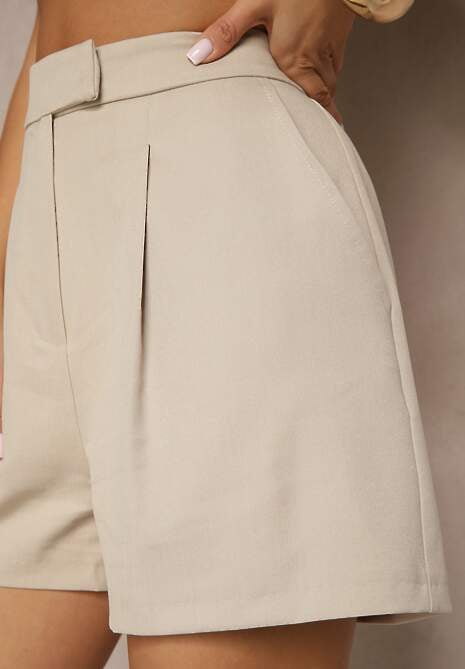 Beżowe Szorty High Waist z Wiskozą o Garniturowym Kroju z Zakładkami Zavierisa 5