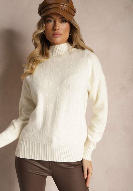 Jasnobeżowy Golf Sweter z Tłoczeniem i Ściągaczami Melovira 4