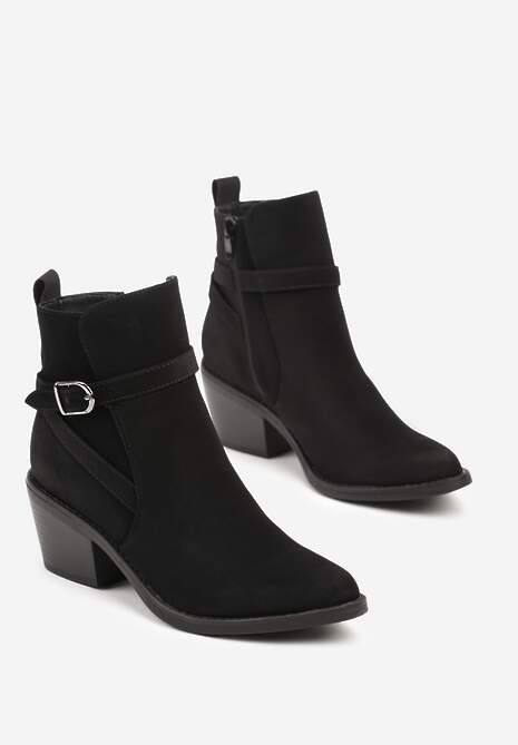 Czarne Botki na Stożku w Stylu Kowbojek Ozdobione Klarma i Paskiem Linavia 5