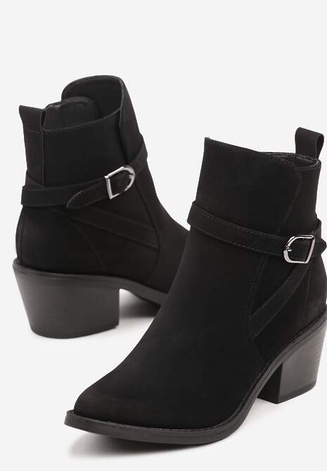 Czarne Botki na Stożku w Stylu Kowbojek Ozdobione Klarma i Paskiem Linavia 6