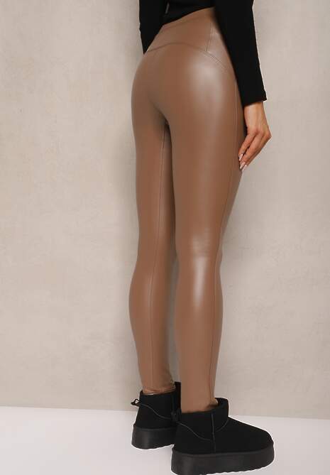 Brązowe Legginsy z Imitacji Skóry High Waist z Polarem Labrinne 4