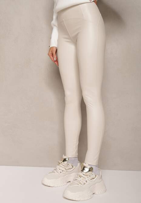 Białe Legginsy z Imitacji Skóry High Waist z Polarem Labrinne 4