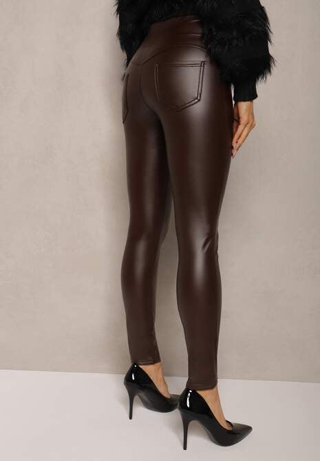 Brązowe Legginsy z Ekoskóry High Waist z Imitacjami Kieszeni Salabria 5