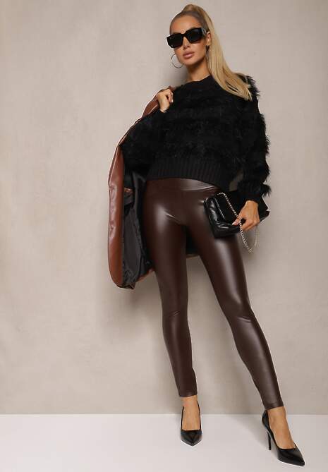 Brązowe Legginsy z Ekoskóry High Waist z Imitacjami Kieszeni Salabria 4