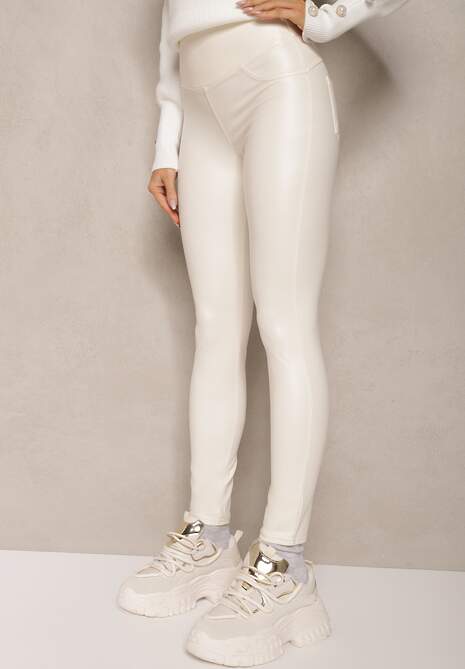 Białe Legginsy z Ekoskóry High Waist z Imitacjami Kieszeni Salabria 6