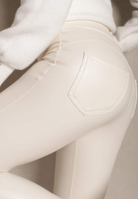 Białe Legginsy z Ekoskóry High Waist z Imitacjami Kieszeni Salabria 7