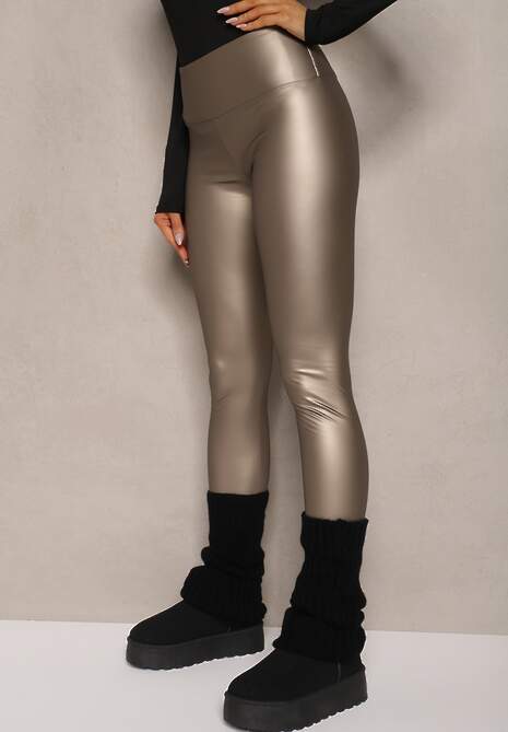 Srebrne Legginsy z Imitacji Skóry High Waist z Polarem Selabra 4