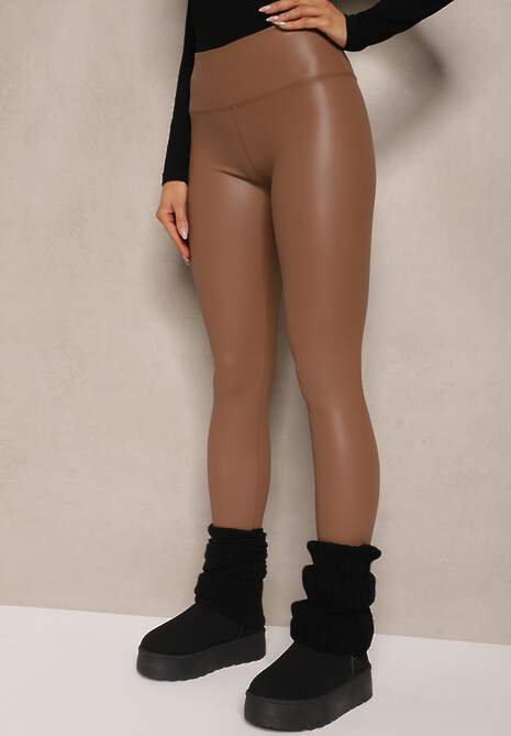 Jasnobrązowe Legginsy z Imitacji Skóry High Waist z Polarem Selabra 4