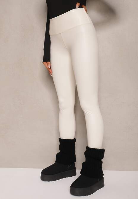 Białe Legginsy z Imitacji Skóry High Waist z Polarem Selabra 4