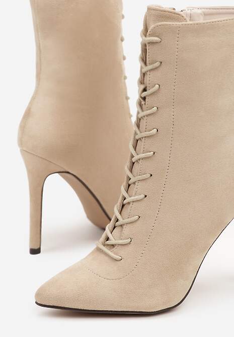Beżowe Sznurowane Botki na Szpilce Belavelle 6