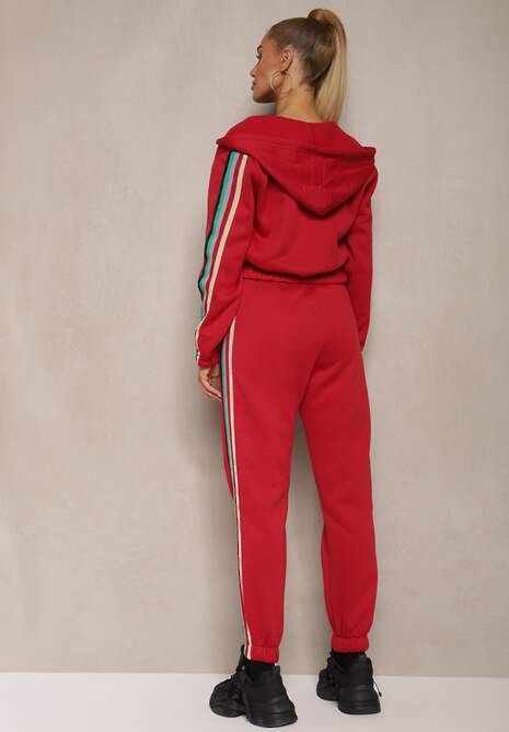 Czerwony Komplet Dresowy z Kolorowym Lampasem Bluza z Kapturem i Spodnie Joggery Nevarielles 4