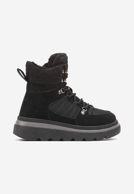 Czarne Futerkowe Traperki na Niskiej Platformie Linivora 4